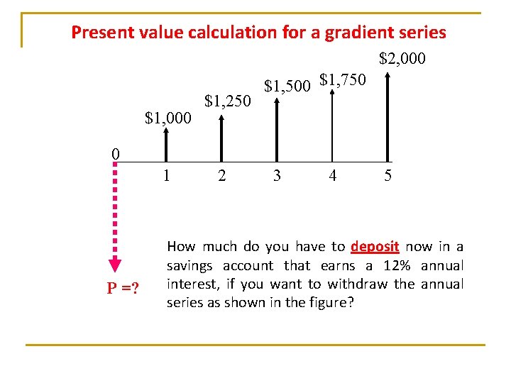 Present value calculation for a gradient series $2, 000 $1, 250 $1, 500 $1, Present value calculation for a gradient series $2, 000 $1, 250 $1, 500 $1,