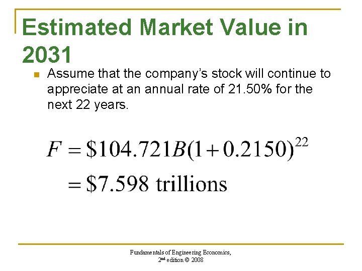 Estimated Market Value in 2031 n Assume that the company’s stock will continue to Estimated Market Value in 2031 n Assume that the company’s stock will continue to