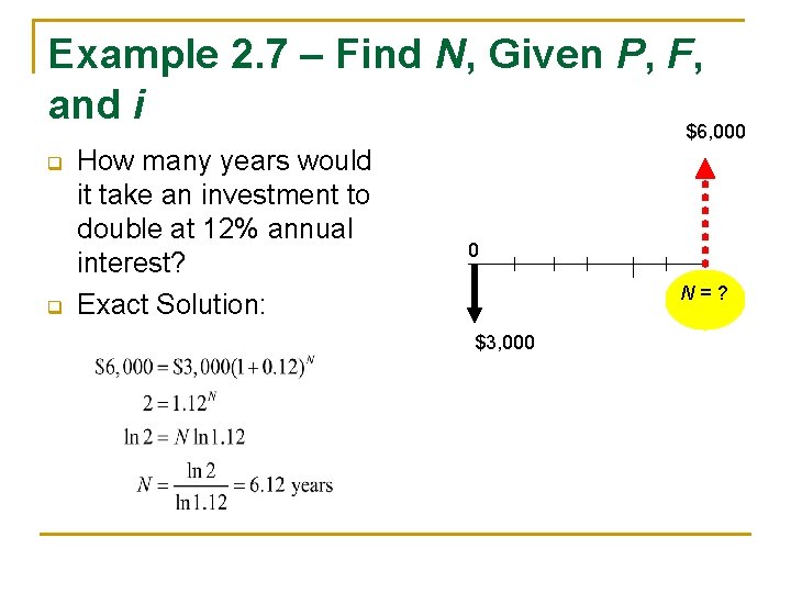 Example 2. 7 – Find N, Given P, F, and i $6, 000 q Example 2. 7 – Find N, Given P, F, and i $6, 000 q