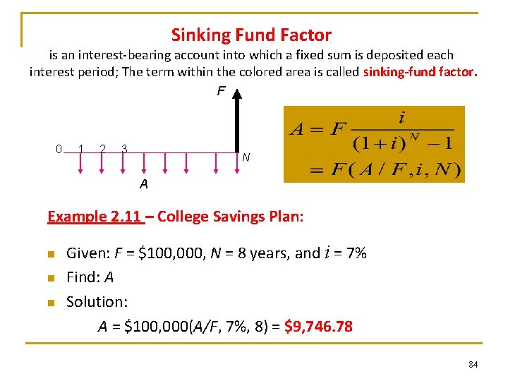 Sinking Fund Factor is an interest-bearing account into which a fixed sum is deposited Sinking Fund Factor is an interest-bearing account into which a fixed sum is deposited