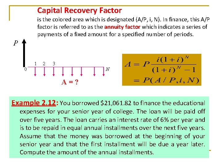 Capital Recovery Factor is the colored area which is designated (A/P, i, N). In Capital Recovery Factor is the colored area which is designated (A/P, i, N). In