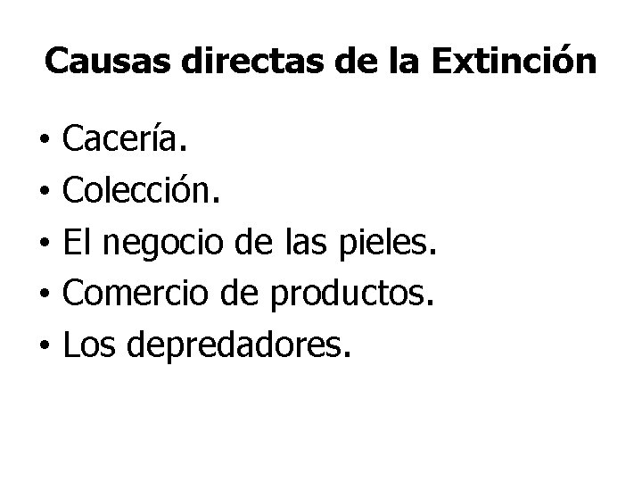 Causas directas de la Extinción • • • Cacería. Colección. El negocio de las