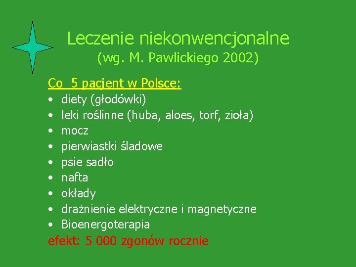 Leczenie niekonwencjonalne (wg. M. Pawlickiego 2002) Co 5 pacjent w Polsce: • • •
