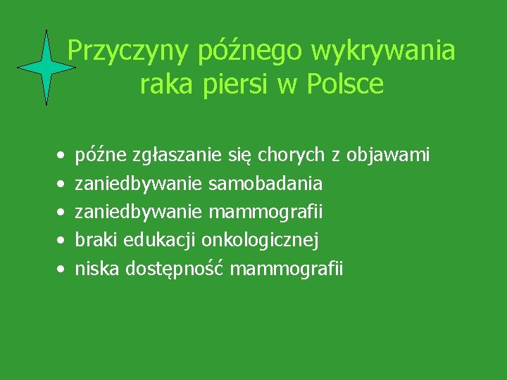Przyczyny późnego wykrywania raka piersi w Polsce • • • późne zgłaszanie się chorych