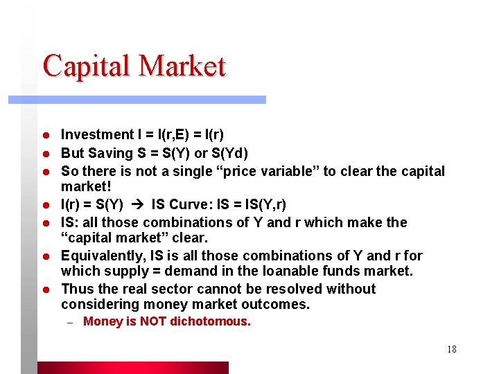 Capital Market l l l l Investment I = I(r, E) = I(r) But