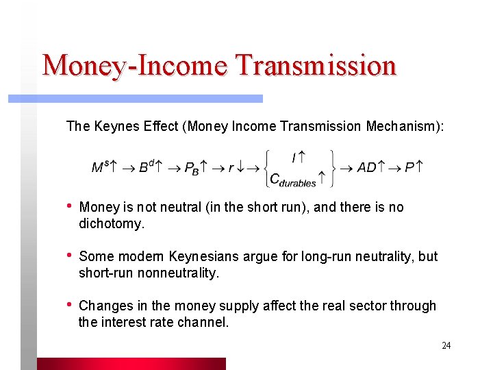 Money-Income Transmission The Keynes Effect (Money Income Transmission Mechanism): • Money is not neutral