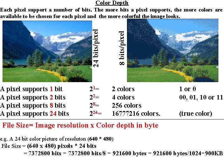 Color Depth A pixel supports 1 bit A pixel supports 2 bits A pixel