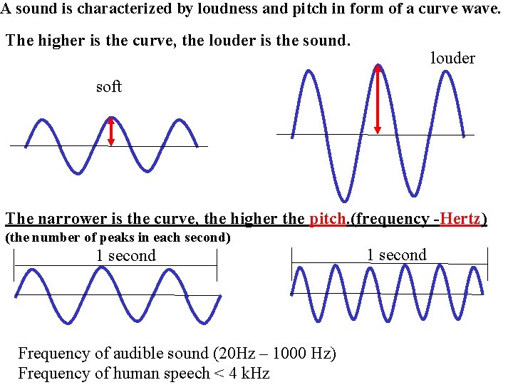 A sound is characterized by loudness and pitch in form of a curve wave.