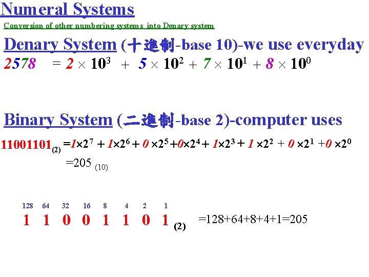 Numeral Systems Conversion of other numbering systems into Denary system Denary System (十進制-base 10)-we