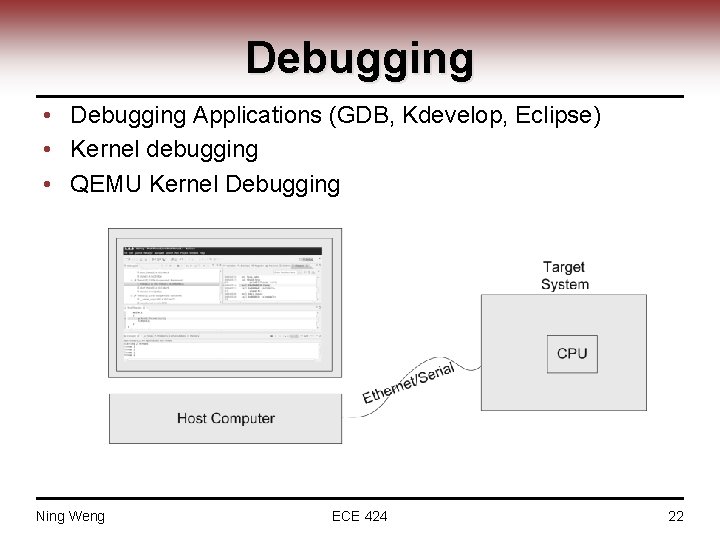 Debugging • Debugging Applications (GDB, Kdevelop, Eclipse) • Kernel debugging • QEMU Kernel Debugging