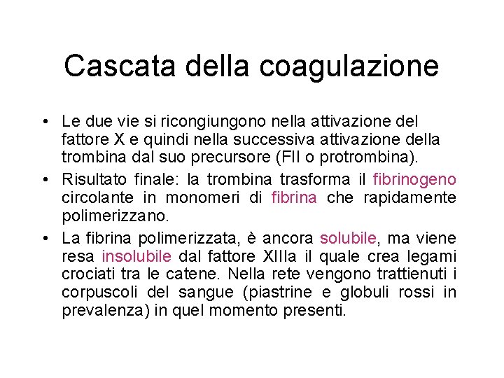 Cascata della coagulazione • Le due vie si ricongiungono nella attivazione del fattore X