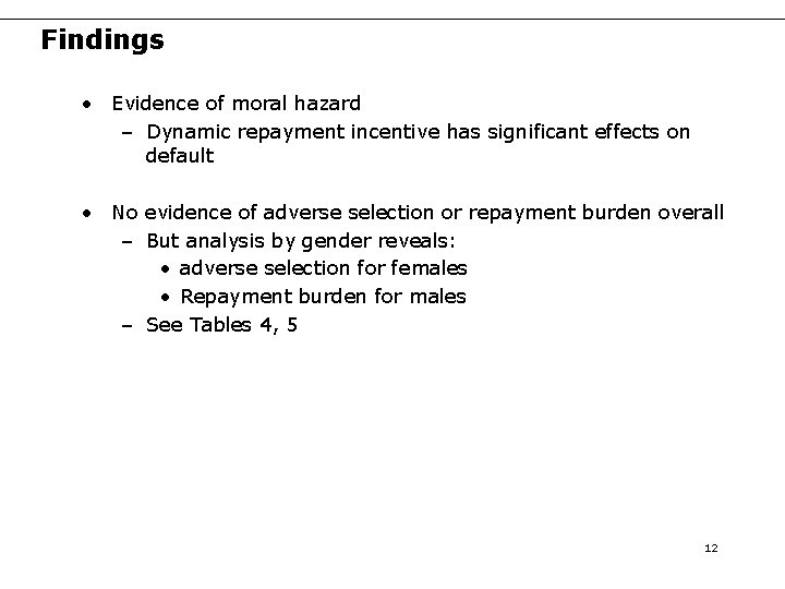Findings • Evidence of moral hazard – Dynamic repayment incentive has significant effects on