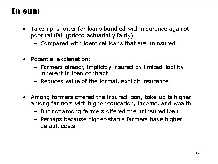 In sum • Take-up is lower for loans bundled with insurance against poor rainfall