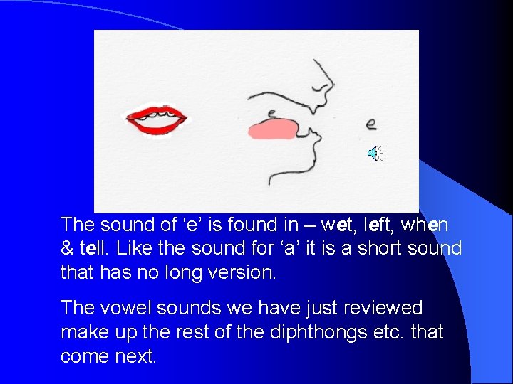 The sound of ‘e’ is found in – wet, left, when & tell. Like