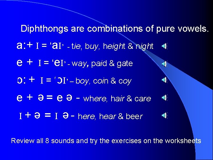 Diphthongs are combinations of pure vowels. a: + I = ‘a. I’ - tie,