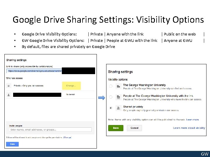 Google Drive Sharing Settings: Visibility Options • • • Google Drive Visibility Options: |