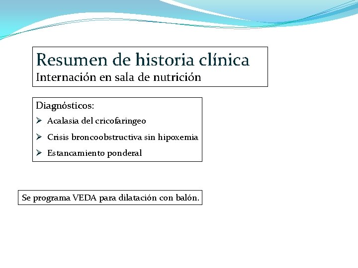 Resumen de historia clínica Internación en sala de nutrición Diagnósticos: Ø Acalasia del cricofaringeo