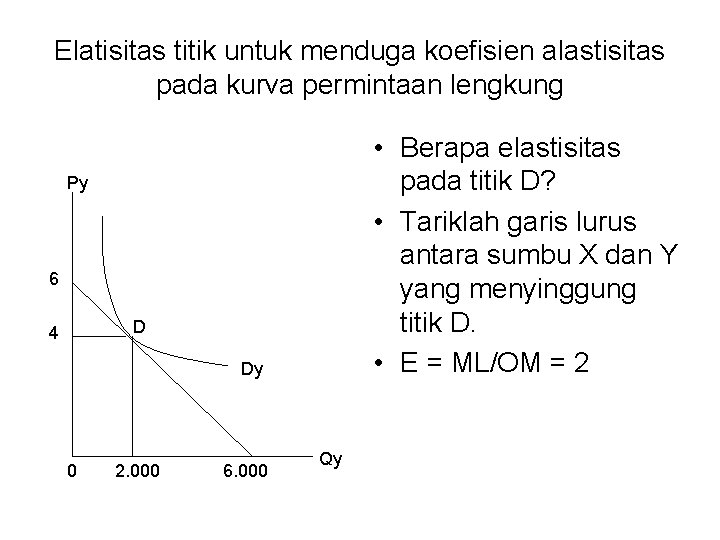 Elatisitas titik untuk menduga koefisien alastisitas pada kurva permintaan lengkung • Berapa elastisitas pada