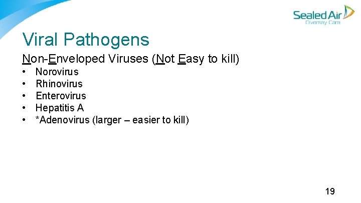 Viral Pathogens Non Enveloped Viruses (Not Easy to kill) • • • Norovirus Rhinovirus Viral Pathogens Non Enveloped Viruses (Not Easy to kill) • • • Norovirus Rhinovirus