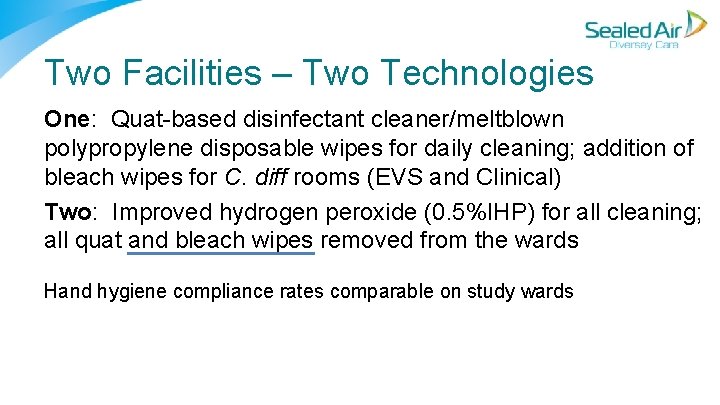 Two Facilities – Two Technologies One: Quat based disinfectant cleaner/meltblown polypropylene disposable wipes for Two Facilities – Two Technologies One: Quat based disinfectant cleaner/meltblown polypropylene disposable wipes for