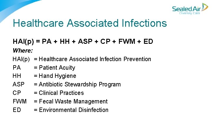 Healthcare Associated Infections HAI(p) = PA + HH + ASP + CP + FWM Healthcare Associated Infections HAI(p) = PA + HH + ASP + CP + FWM
