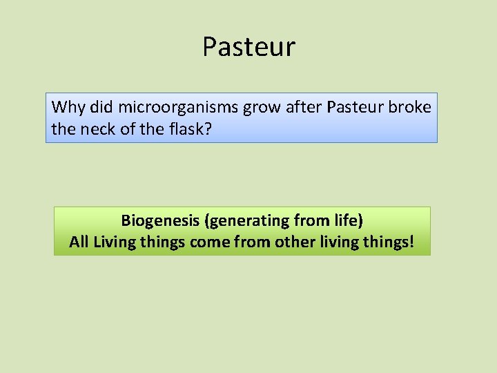 Pasteur Why did microorganisms grow after Pasteur broke the neck of the flask? Biogenesis