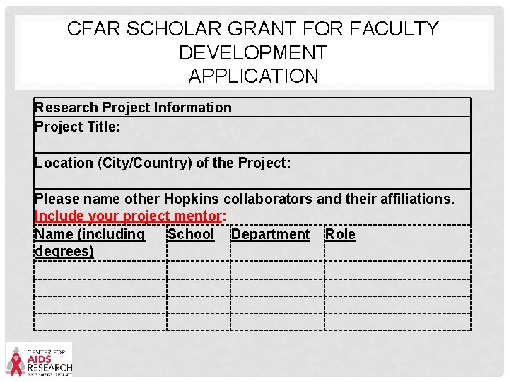 CFAR SCHOLAR GRANT FOR FACULTY DEVELOPMENT APPLICATION Research Project Information Project Title: Location (City/Country)