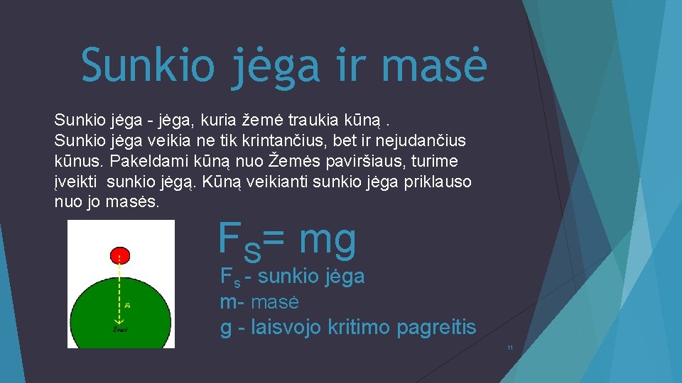 Sunkio jėga ir masė Sunkio jėga - jėga, kuria žemė traukia kūną. Sunkio jėga