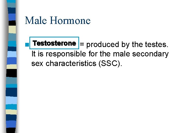 Male Hormone n Testosterone = produced by the testes. It is responsible for the