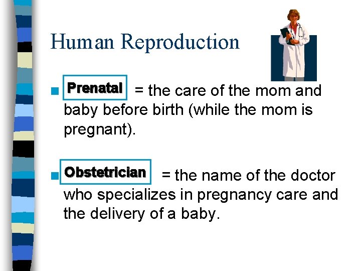 Human Reproduction n Prenatal = the care of the mom and baby before birth