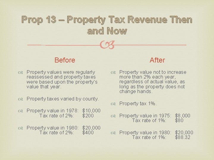 Prop 13 – Property Tax Revenue Then and Now Before Property values were regularly