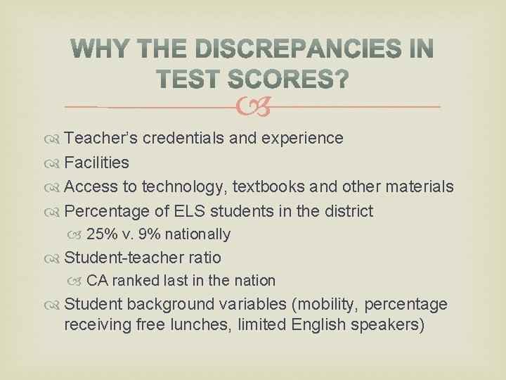  Teacher’s credentials and experience Facilities Access to technology, textbooks and other materials Percentage