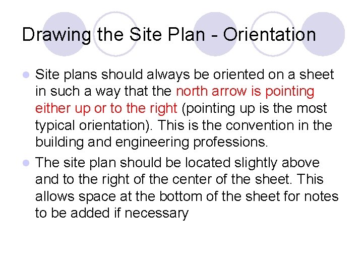 Drawing the Site Plan - Orientation Site plans should always be oriented on a