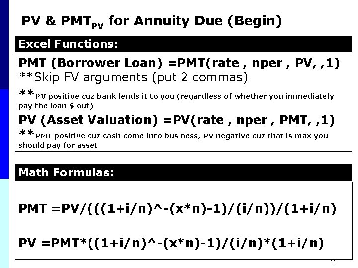 PV & PMTPV for Annuity Due (Begin) Excel Functions: PMT (Borrower Loan) =PMT(rate ,
