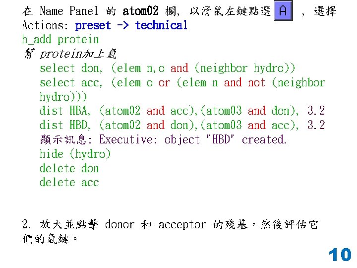 在 Name Panel 的 atom 02 欄, 以滑鼠左鍵點選 Actions: preset -> technical h_add protein