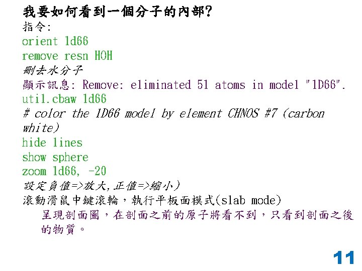 我要如何看到一個分子的內部? 指令: orient 1 d 66 remove resn HOH 刪去水分子 顯示訊息: Remove: eliminated 51