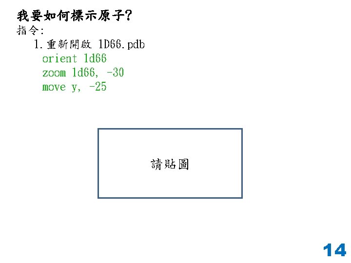 我要如何標示原子? 指令: 1. 重新開啟 1 D 66. pdb orient 1 d 66 zoom 1