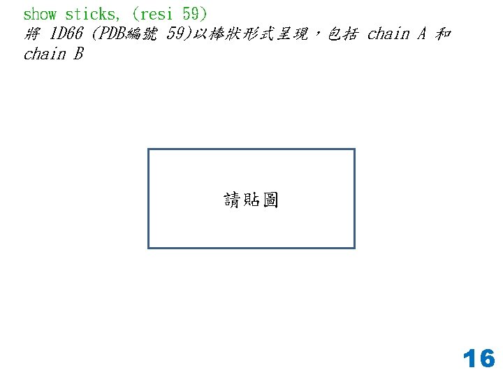show sticks, (resi 59) 將 1 D 66 (PDB編號 59)以棒狀形式呈現，包括 chain A 和 chain
