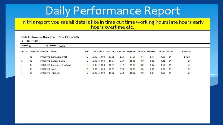Daily Performance Report In this report you see all details like in time out