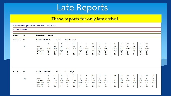 Late Reports These reports for only late arrival. 