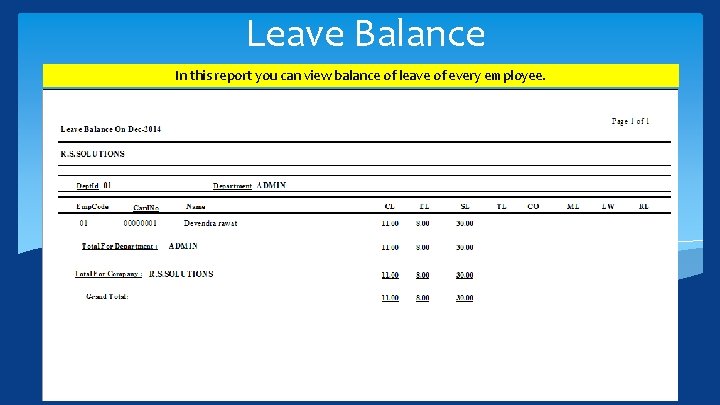 Leave Balance In this report you can view balance of leave of every employee.