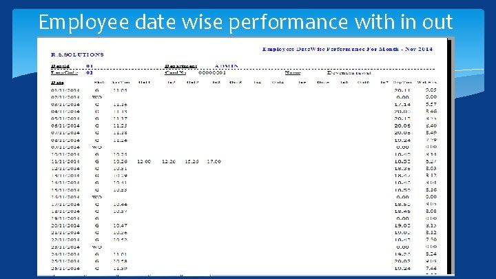 Employee date wise performance with in out 