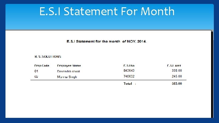 E. S. I Statement For Month 