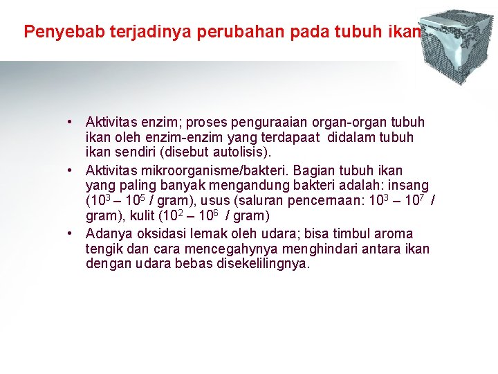 Penyebab terjadinya perubahan pada tubuh ikan • Aktivitas enzim; proses penguraaian organ-organ tubuh ikan Penyebab terjadinya perubahan pada tubuh ikan • Aktivitas enzim; proses penguraaian organ-organ tubuh ikan