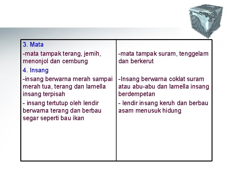 3. Mata -mata tampak terang, jernih, menonjol dan cembung 4. Insang -insang berwarna merah 3. Mata -mata tampak terang, jernih, menonjol dan cembung 4. Insang -insang berwarna merah