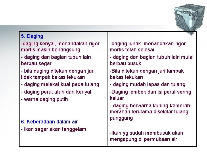 5. Daging -daging kenyal, menandakan rigor mortis masih berlangsung - daging dan bagian tubuh 5. Daging -daging kenyal, menandakan rigor mortis masih berlangsung - daging dan bagian tubuh