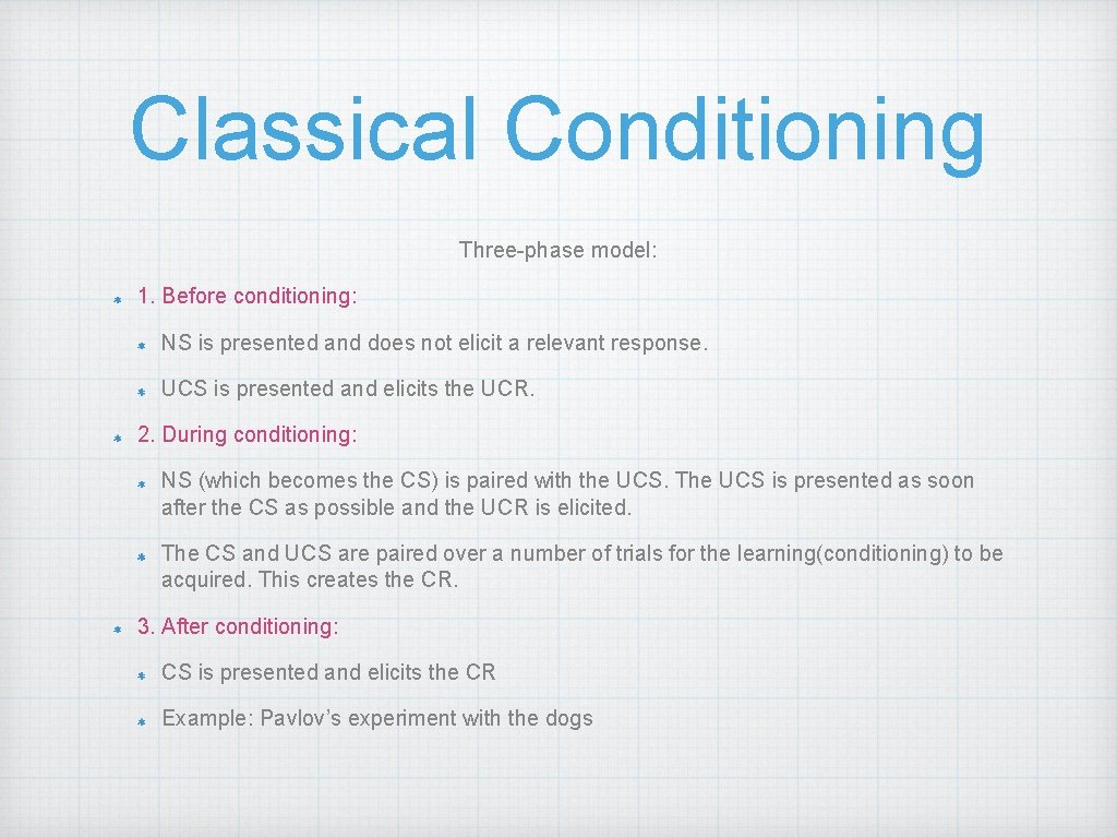 Classical Conditioning Three-phase model: 1. Before conditioning: NS is presented and does not elicit
