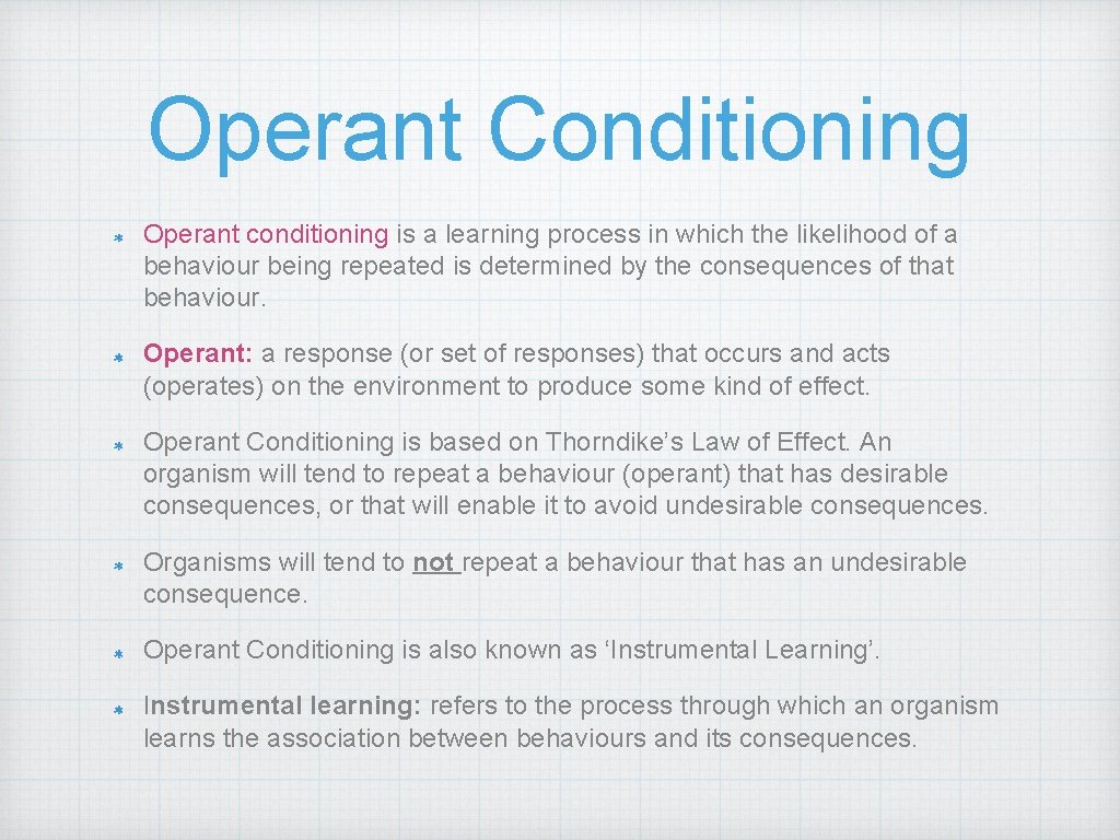 Operant Conditioning Operant conditioning is a learning process in which the likelihood of a
