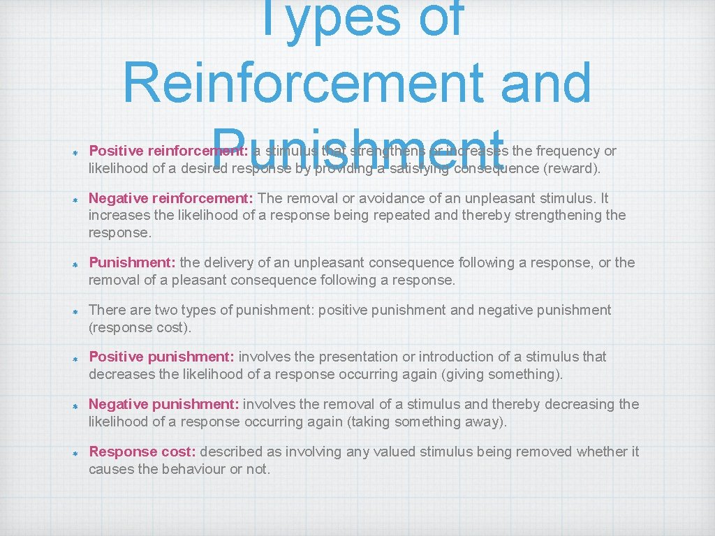 Types of Reinforcement and Punishment Positive reinforcement: a stimulus that strengthens or increases the