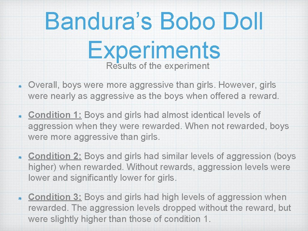 Bandura’s Bobo Doll Experiments Results of the experiment Overall, boys were more aggressive than